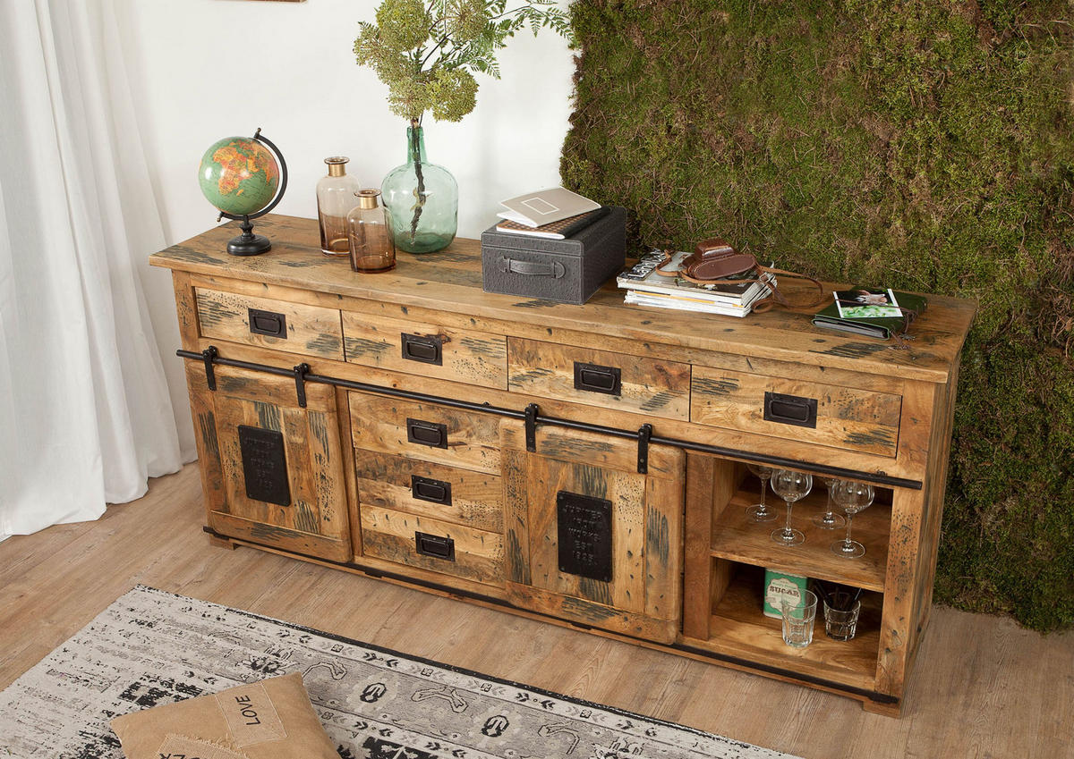 SIDEBOARD Mango 200x45x90 natur lackiert RAILWAY #122 - Braun, Holzwerkstoff (200/90/45cm) - Massivmoebel24