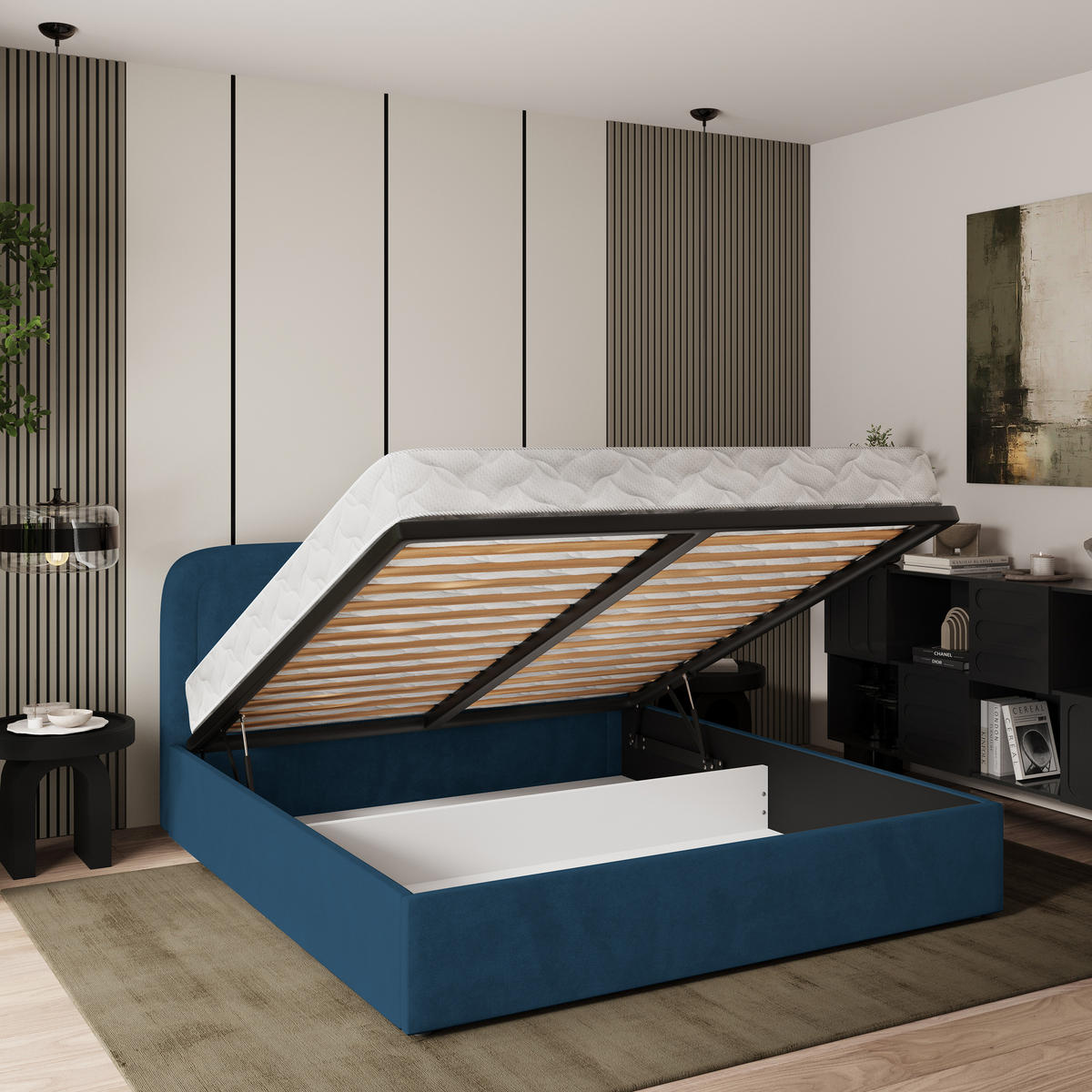 POLSTERBETT BENIRA K 120x200 cm mit Bettkästen - Blau - Blau, Holz/Textil - MASSENO