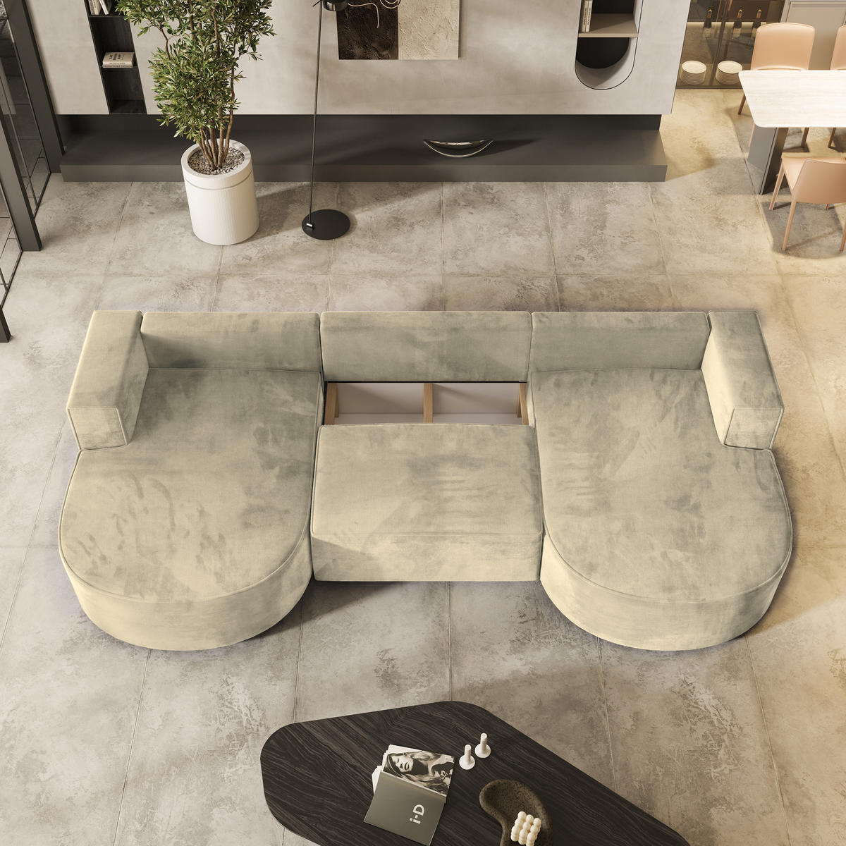 WOHNLANDSCHAFT VEZZO M Creme Velours-Stoff mit Schlaffunktion - Creme, Holz (347/85/174cm) - MASSENO