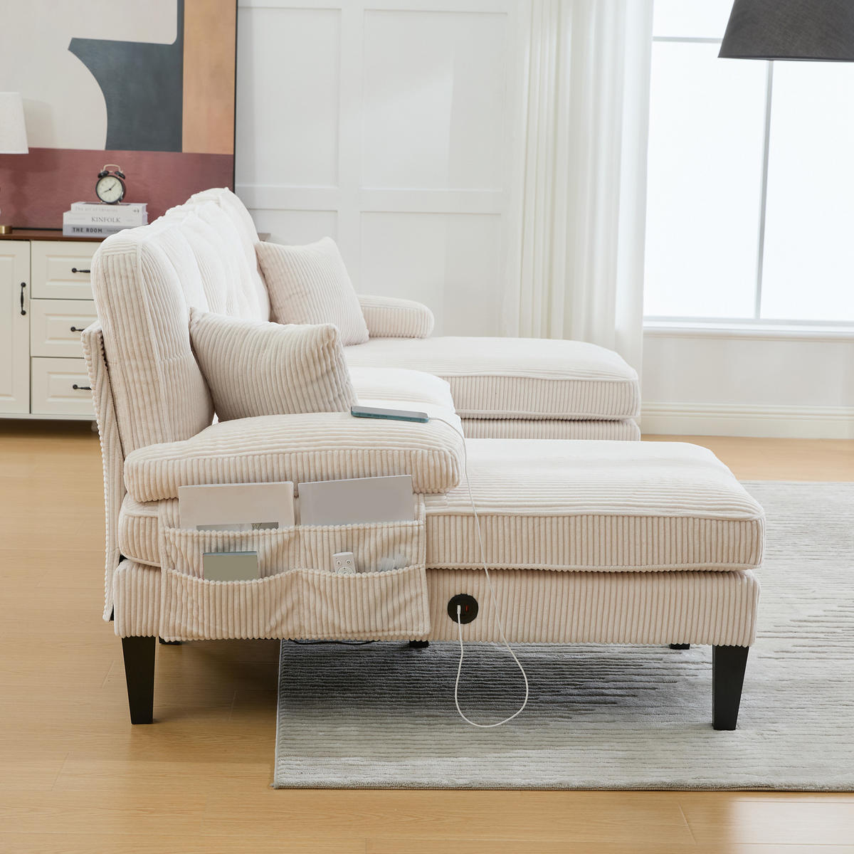 WOHNLANDSCHAFT 250/130/88 cm Beige mit Aufbewahrungsfach und USB/Type-C-Ladeanschluss - Beige, Textil (250/88/130cm) - Oxeza
