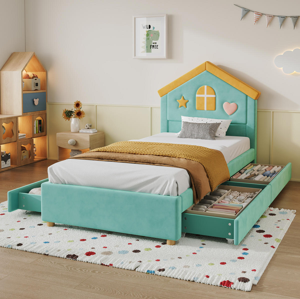 KINDERBETT aus französischem Samt 90x200 cm Blaugrün mit 4 Schubladen und Haus-Kopfteil - Blau, Textil (90/200cm) - Modfu