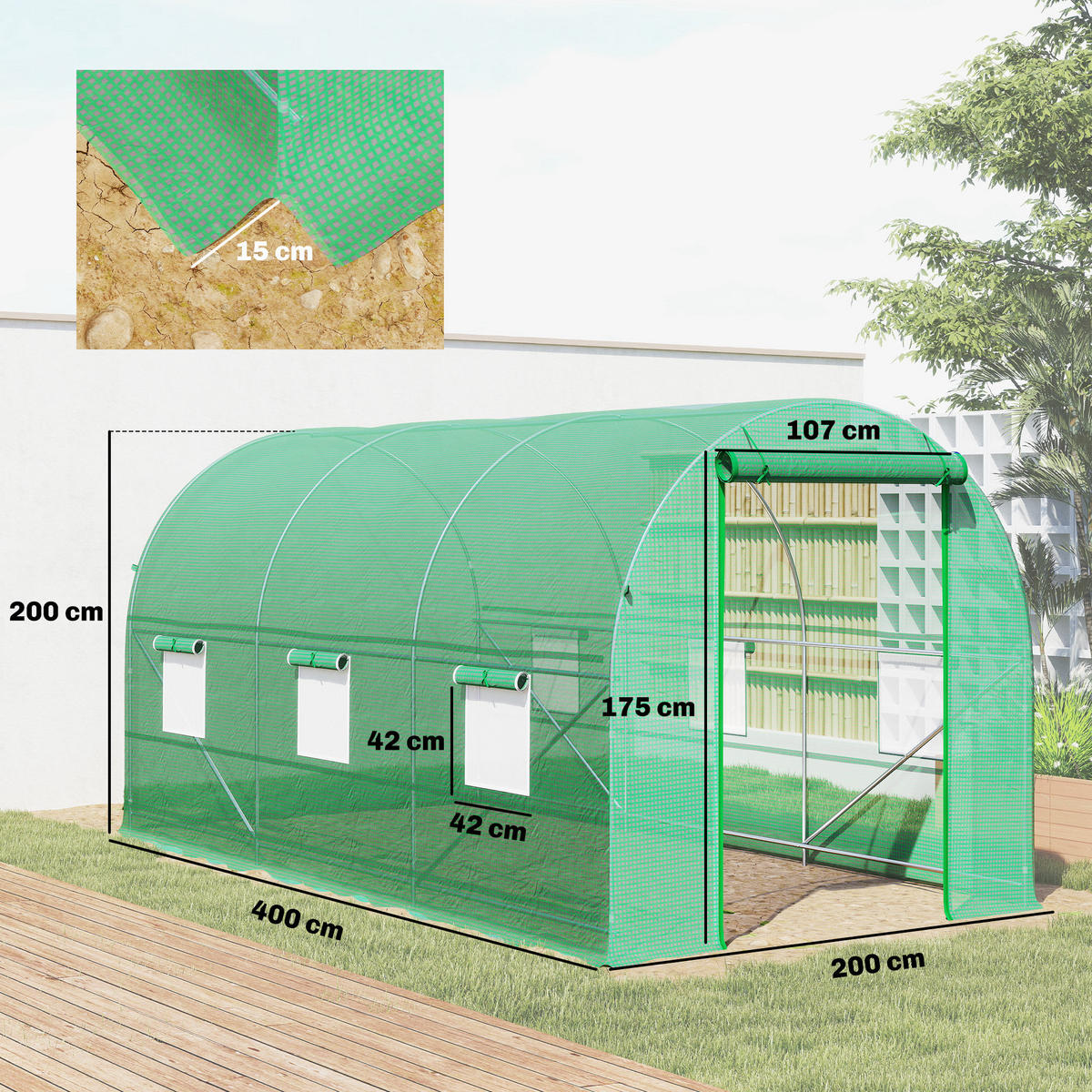 GEWÄCHSHAUS DE-12058 8 m² mit Tür und 6 Fenstern Grün - Grün, Kunststoff (200/200/400cm) - ComfortXL