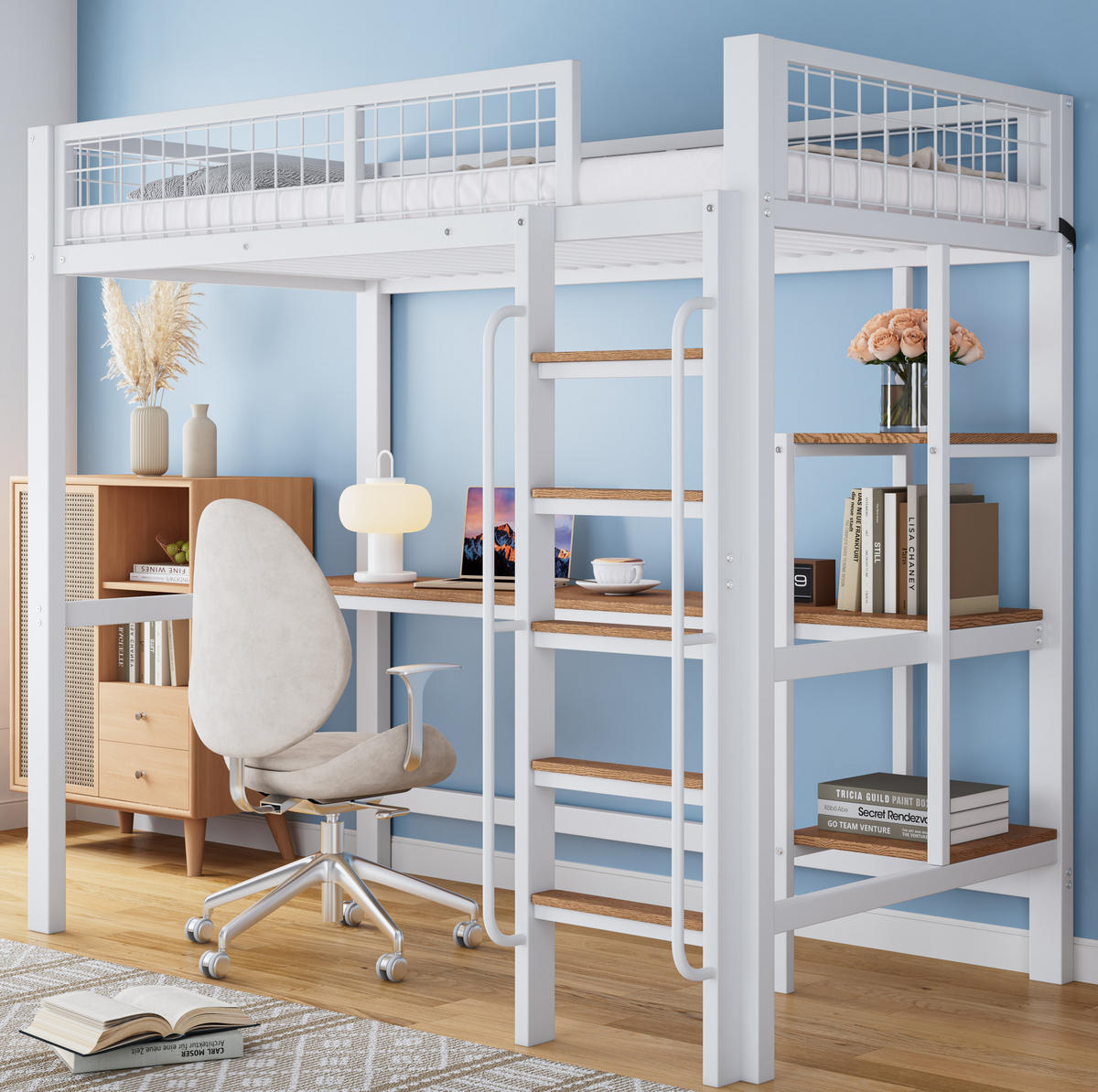 ETAGENBETT 90/200 cm weiß aus Metall mit Tisch und Regalen - Weiß, Metall (90/200cm) - OKWISH