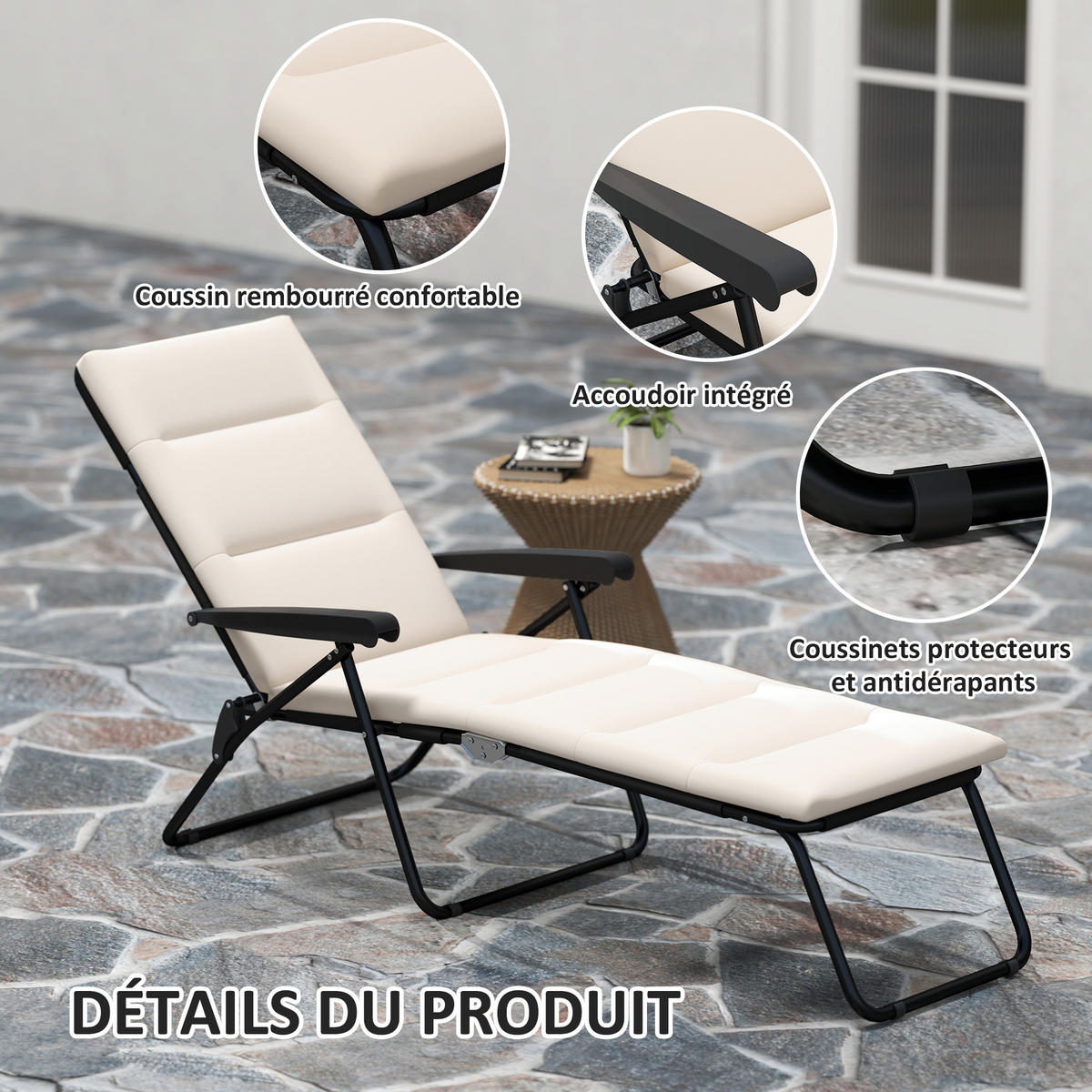SONNENLIEGE DE-15653 153 cm, 6 Positionen, mit Matratze Creme - Creme, Metall (58.5/89/153cm) - ComfortXL