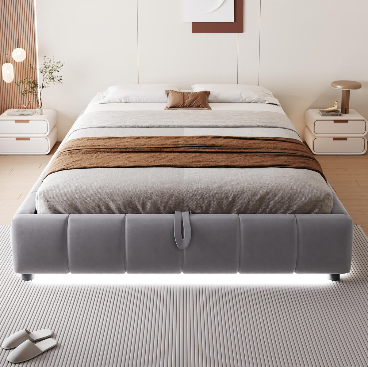 POLSTERBETT 140/200 cm grau mit LED-Beleuchtung und hydraulischem Stauraum - Grau, Textil (140/200cm) - OKWISH