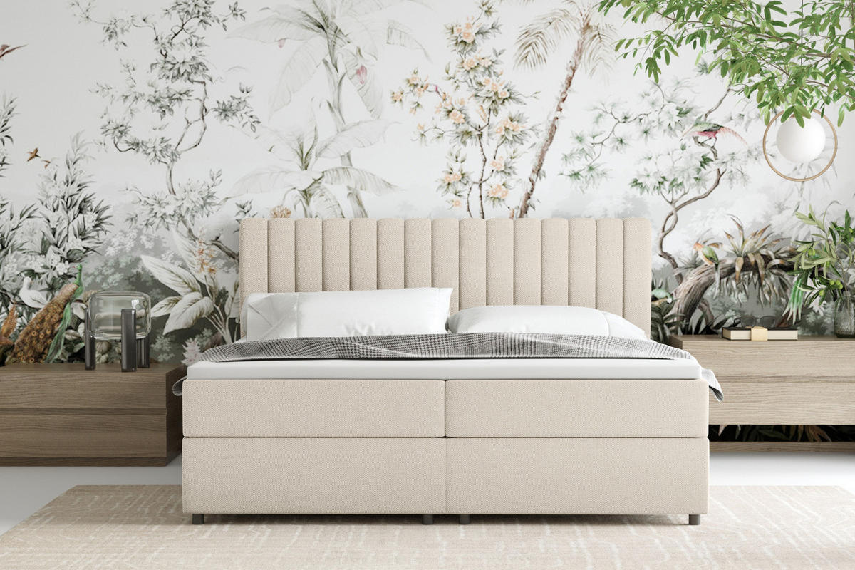 BOXBETT Everest beige 180 x 200 cm Doppelbett mit hochwertiger Bonell-Matratze und Topper - Creme, Holz (180/200cm) - Panda Möbel