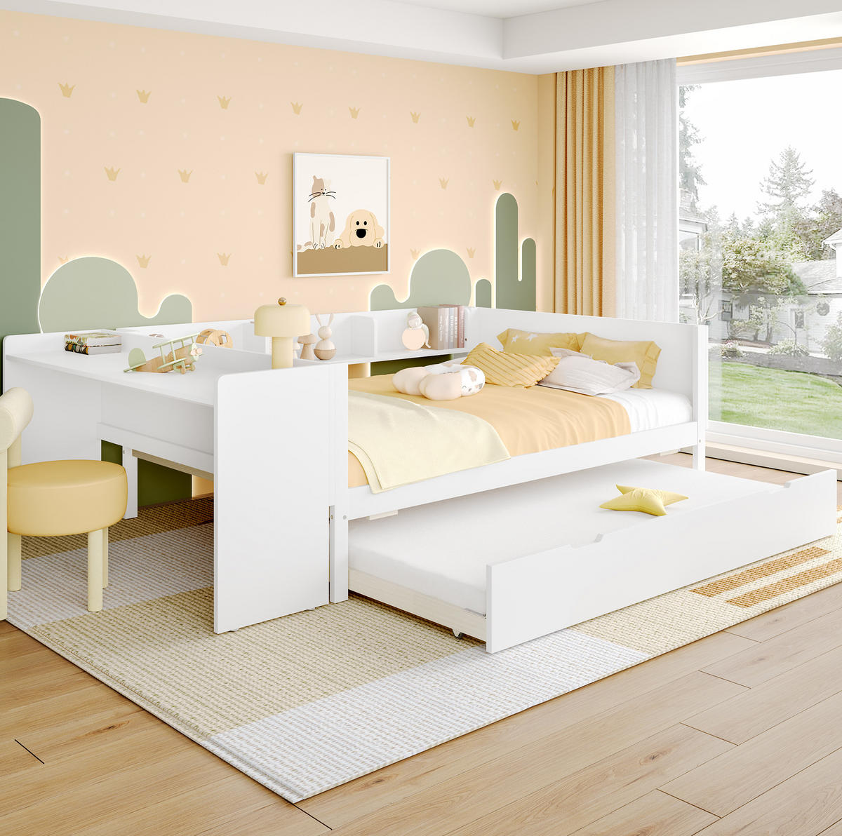BETT 140/200 cm mit Schreibtisch, Rollbett und Regalen aus Kiefern und Spanplatte, Weiß - Weiß, Holzwerkstoff (140/200cm) - Redom