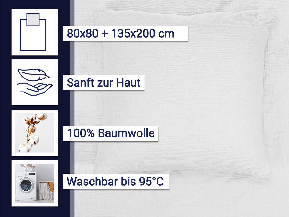 BETTWÄSCHE, 2er-Set, 80x80+135x200 cm, 100% Baumwolle, Weiß - Weiß, Textil (135/200cm) - Zollner