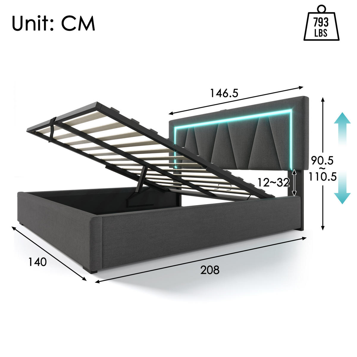 OBLAZINJENA lanena postelja 140/200 cm z LED osvetlitvijo, USB in USB-C priključkom ter shrambo, Siva - siva, tekstil (140/200cm) - Redom