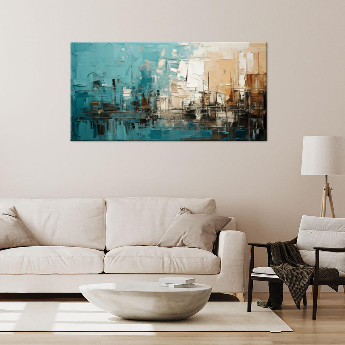 LEINWANDBILD Abstrakte Komposition Türkis 100x50cm - Türkis, Textil (100/50cm) - Feeby