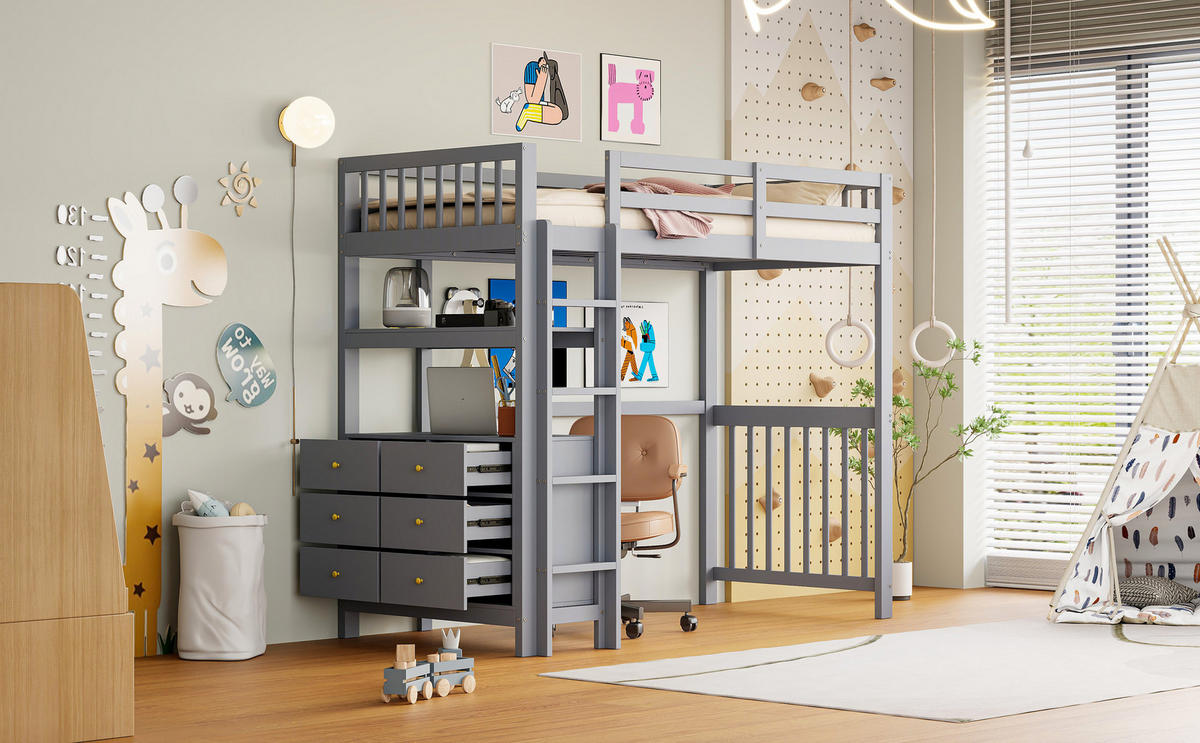 HOCHBETT 90x200 cm Schubladen Regal grau - Grau, Holz (90/200cm) - LEBENLANG