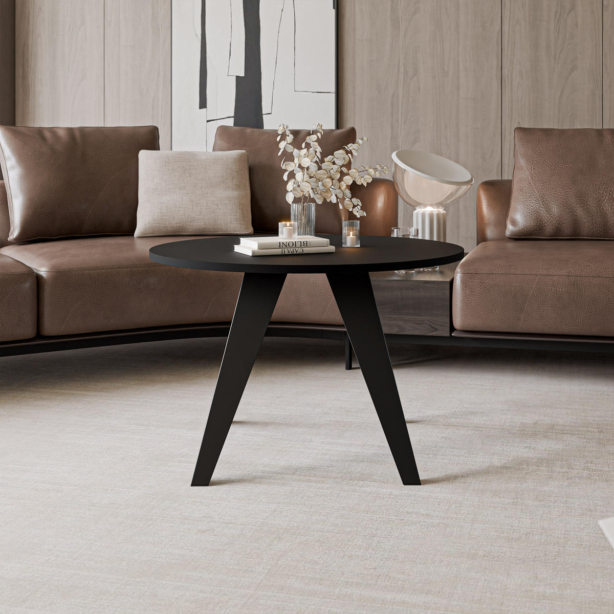 COUCHTISCH FRESCO 75/50 cm runden, Schwarz / Schwarz geriffelt - Schwarz, Metall (75/75/50cm) - Idohome