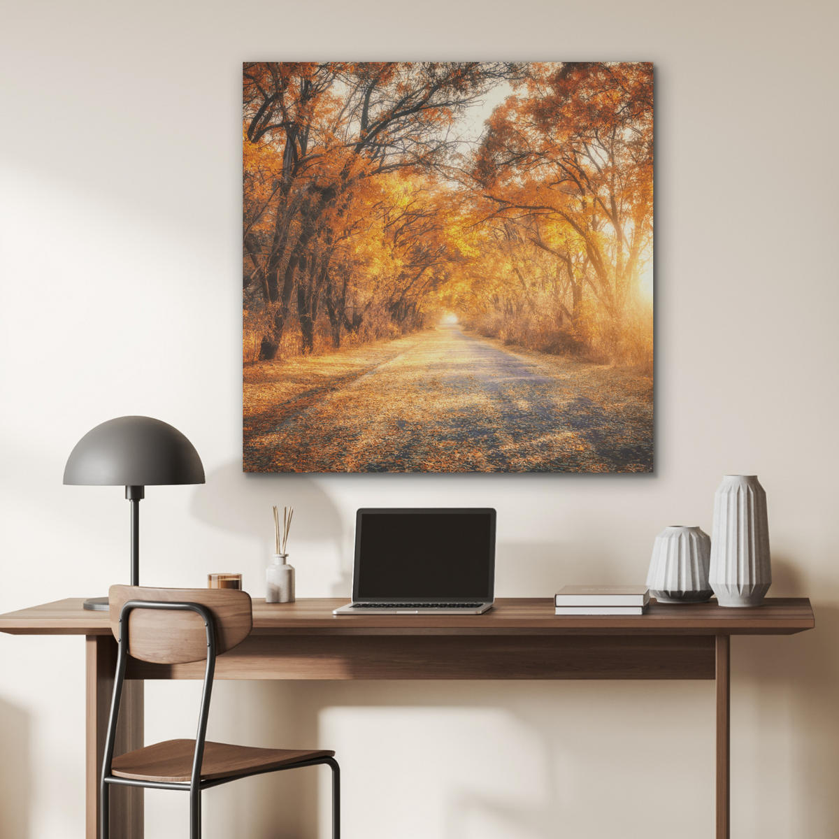 AKUSTIKPANEEL Wald - Herbst - Bäume - Waldweg - Natur 90x90 cm - Bernsteinfarben, Textil (90/0.9/90cm) - MuchoWow