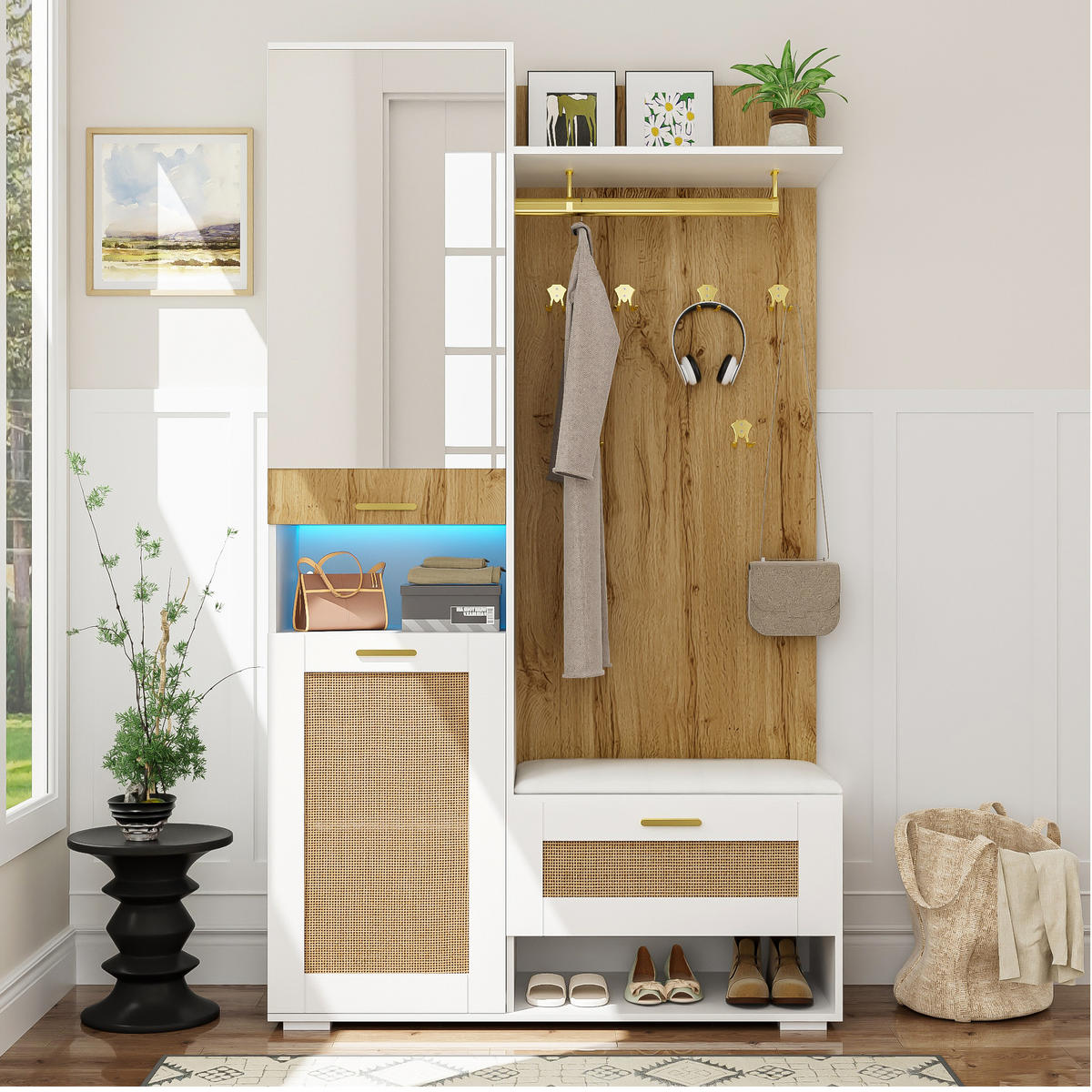 GARDEROBEN-SET in Naturfarben Kleiderschrank-Set mit Schuhschrank, Sitzbank und LED-Beleuchtung , B110/T38/H190cm - Naturfarben/Weiß, Glas/Holzwerkstoff (110/190/38cm) - STILVORA