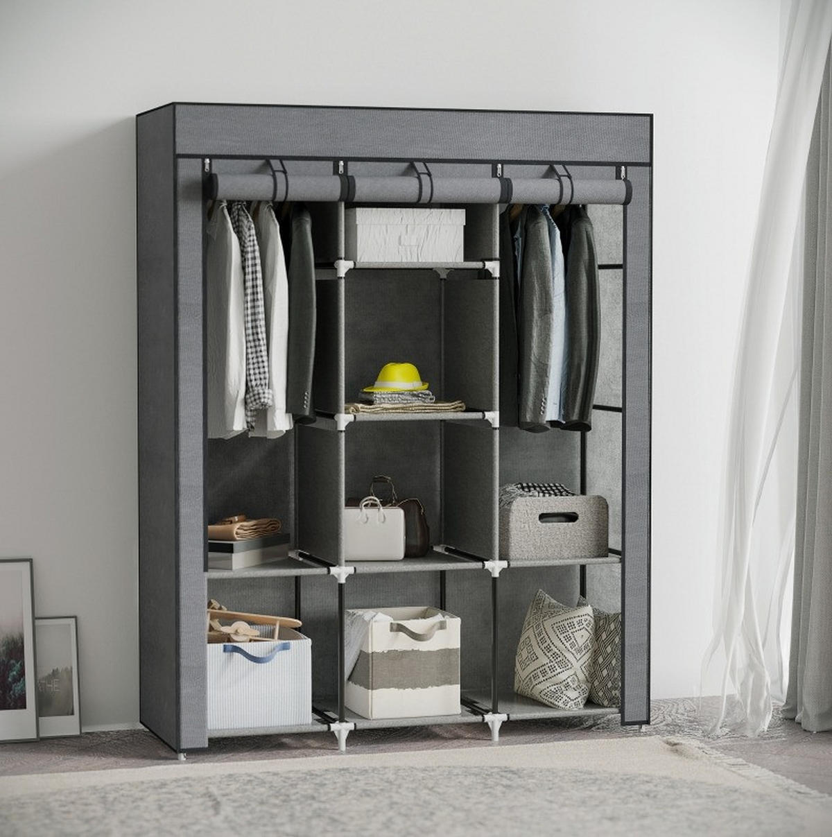 KLEIDERSCHRANK 125/43/162,5 cm aus Stoff mit 2 Kleiderstangen und 8 Fächern - Dunkelgrau, Textil (125/162.5/43cm) - BEAOK