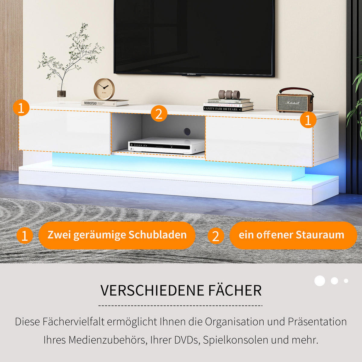 TV-SCHRANK 160x35cm Hochglanz LED-Beleuchtung App-Steuerung Weiß 2 Schubladen - Weiß, Holz (45.5/11.5/171cm) - FLIEKS