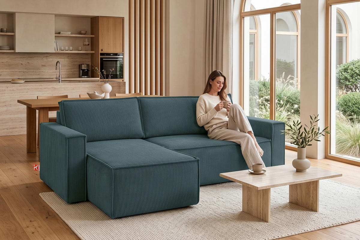 ECKSOFA-LINKS/RECHTS NAPI Schlaffunktion mit Cordbezug, Blau - Blau/Schwarz, Textil (246/148cm) - KONSIMO®