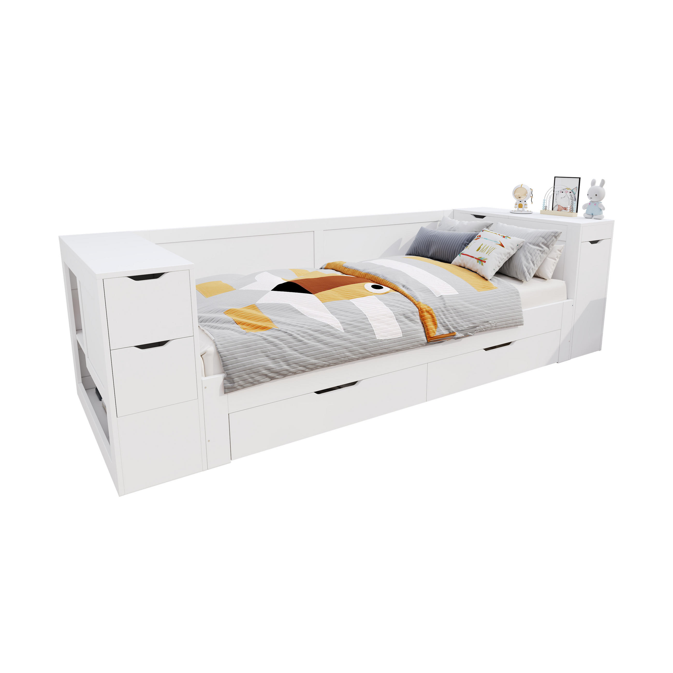 KINDERBETT 90/200 cm in Weiß mit Schublade, Regal und Nachttisch - Weiß, Holz/Holzwerkstoff (90/200cm) - WISHDOR
