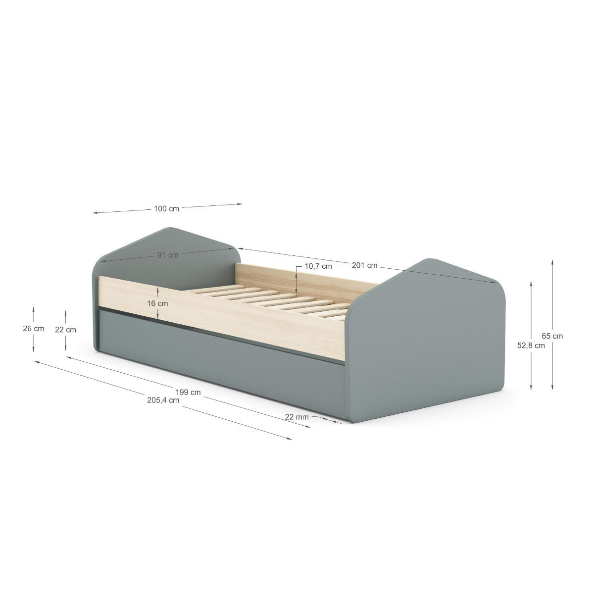 BETT 90x200 cm mit Schublade Bett 90x190 cm - LÉONIE - Grün, Holz (190/90cm) - Calicosy