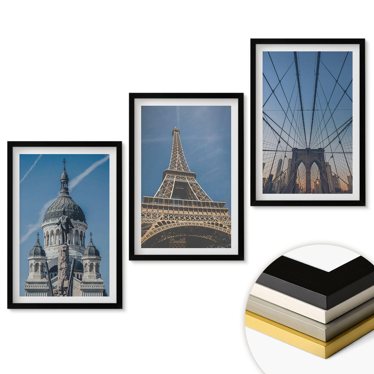 WANDBILDER 3er-Set - 40x60 cm Schwarzer Rahmen - Ansichten von Gebäuden aus Städten auf der ganzen Welt - Schwarz, Kunststoff (40/60cm) - ArtPrintCave