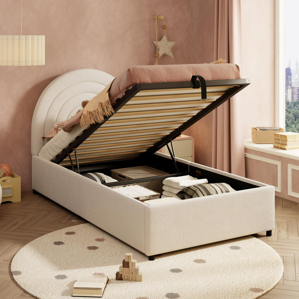 KINDERBETT 90/200 cm aus Bouclé mit hydraulischem Stauraum Beige - Beige, Textil (90/200cm) - Modenvie