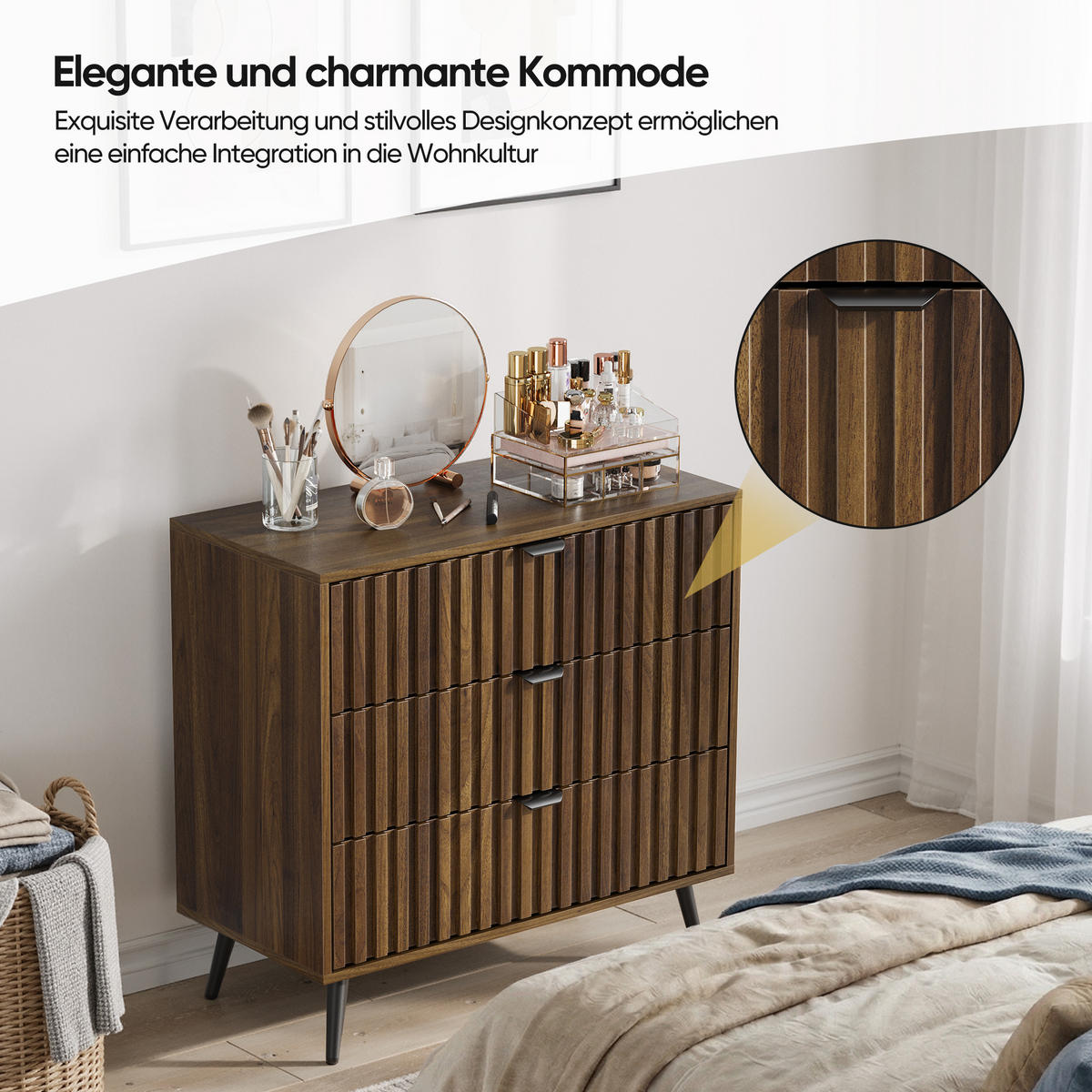 SIDEBOARD 80 cm Walnuss – Sideboard mit 3 Schubladen & Metallbeinen Modern - Walnussfarben/Schwarz, Holzwerkstoff (80/78/38cm) - Urban Meuble