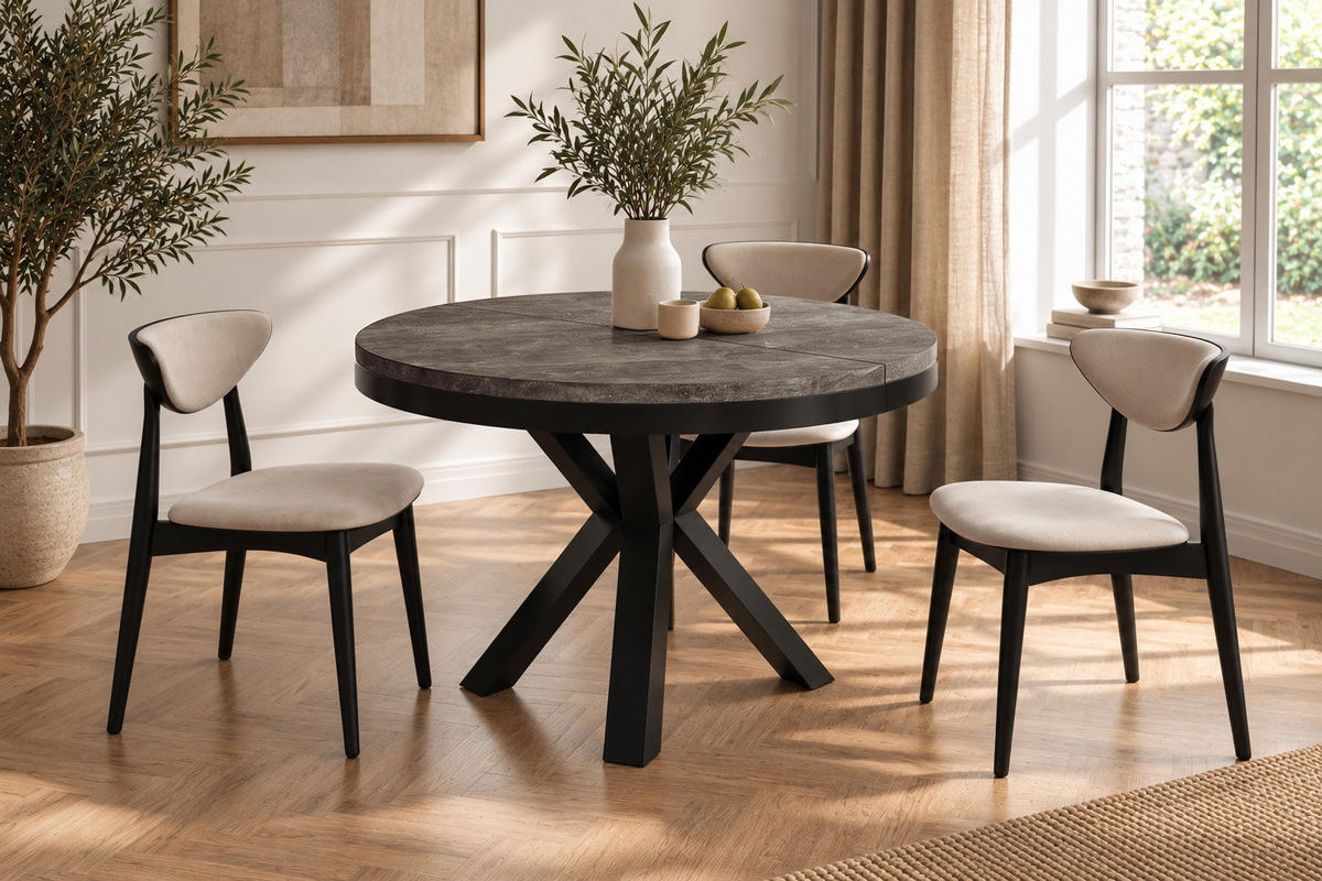 ESSTISCH Clara runder ausziehbarer, Beton Dunkelgrau 100-180/100/76 cm - Dunkelgrau/Schwarz, Holzwerkstoff/Metall (100/180/76cm) - WFL GROUP