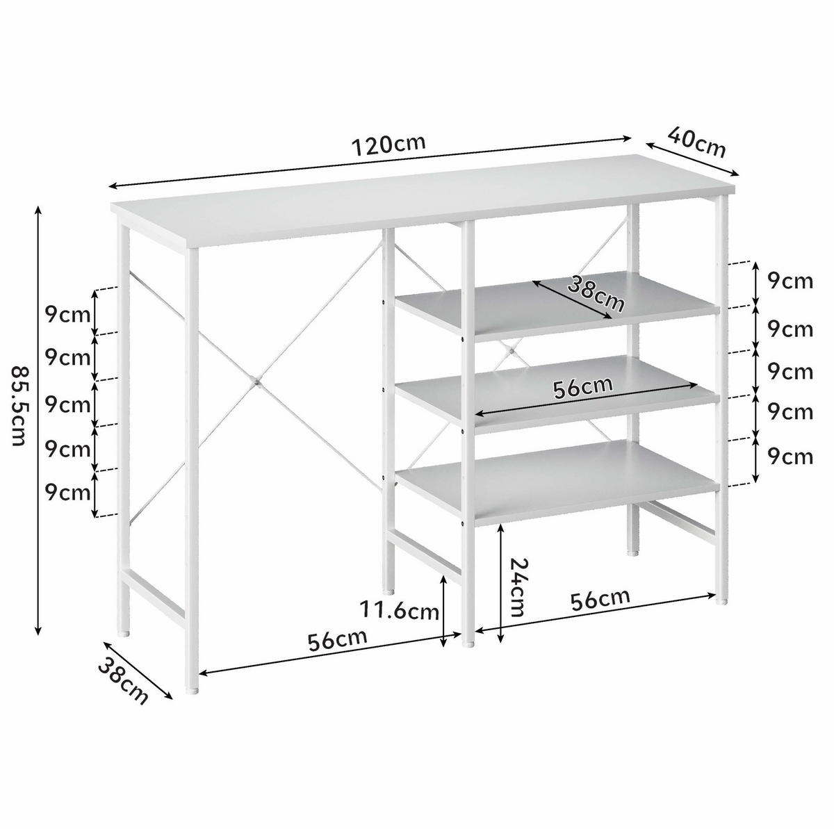 BEISTELLTISCH aus MDF und Metall 120x40x85,5 cm Weiß mit flexibel montierbaren Regalen und höhenverstellbaren Füßen - Weiß, Holzwerkstoff (40/120/85cm) - Modfu
