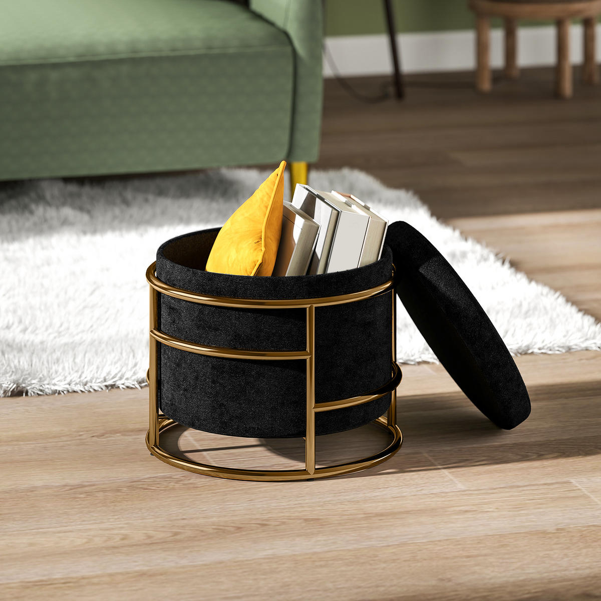 SITZHOCKER Mit Stauraum DE-07158 Samtoptik, Metallrahmen vergoldet Schwarz - Schwarz, Metall (42/39/42cm) - ComfortXL