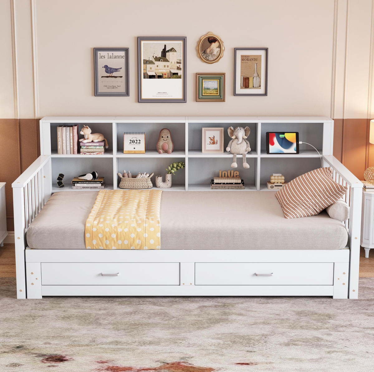 BETT aus Kiefernholz 90x190/180x190 cm Weiß mit Ausziehbett, Steckdose, Stauraumrückenlehne und 2 Schubladen - Weiß, Holzwerkstoff (90/190cm) - Modfu