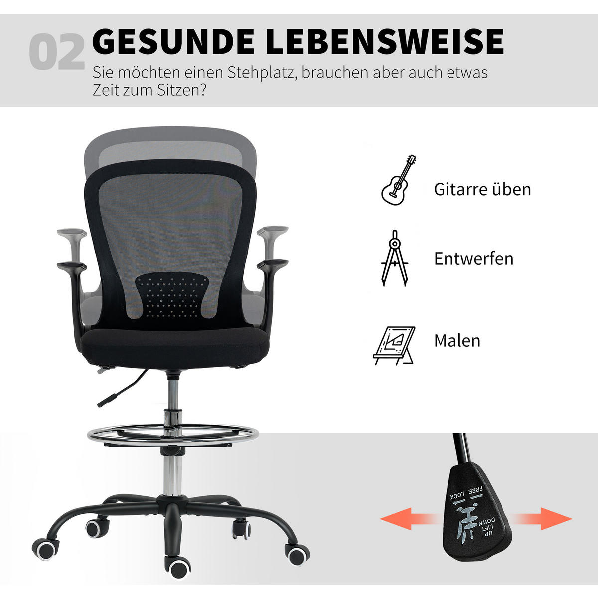 BÜROSTUHL Schreibtischstuhl mit verstellbarer Fußring Lendenwirbelstütze Schwarz - Schwarz, Textil (59/119/62cm) - HOMCOM