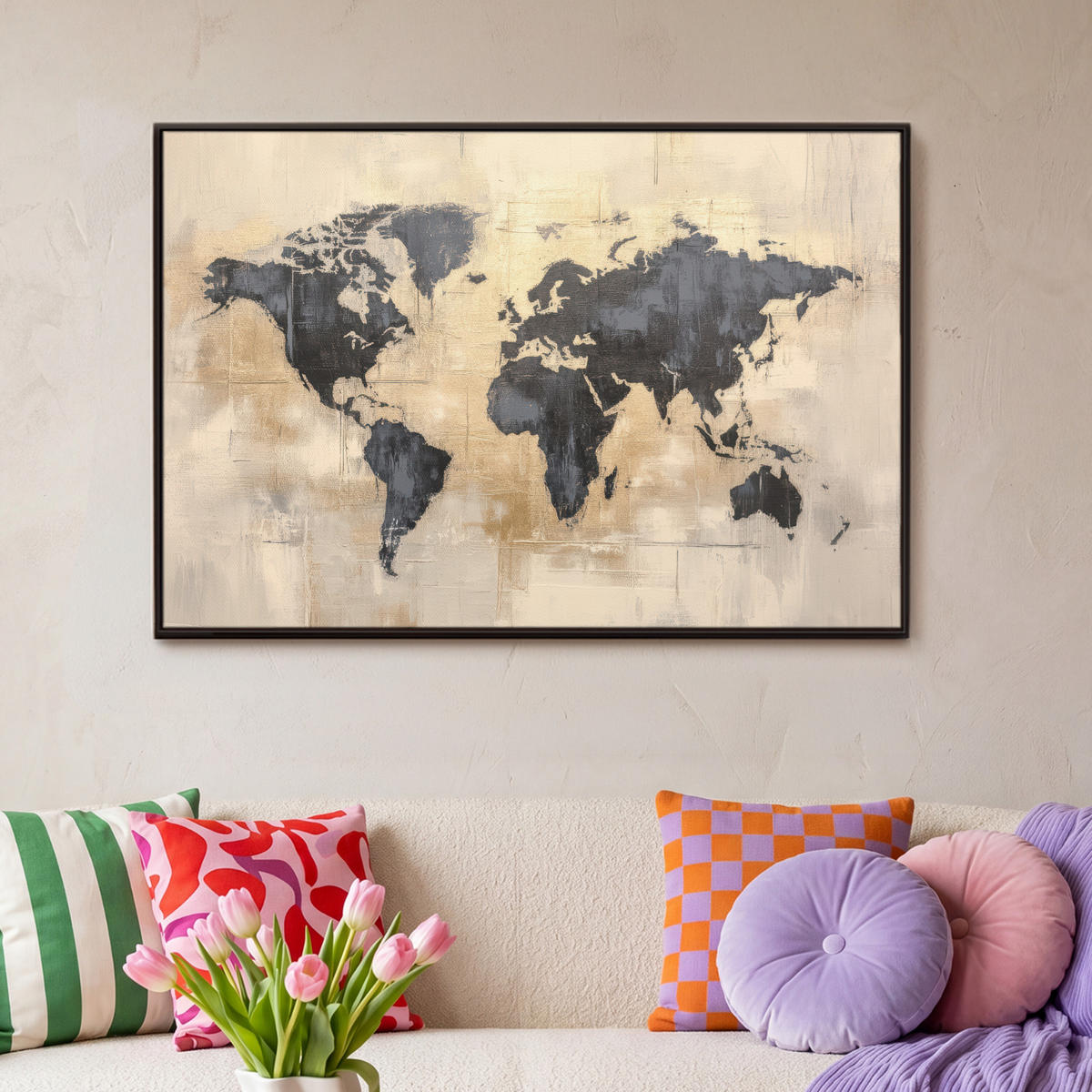 LEINWAND Bilder mit Rahmen - Weltkarte - Gold - Schwarz - Abstrakt - 90x60 - Kupferfarben, Textil (90/60cm) - MuchoWow