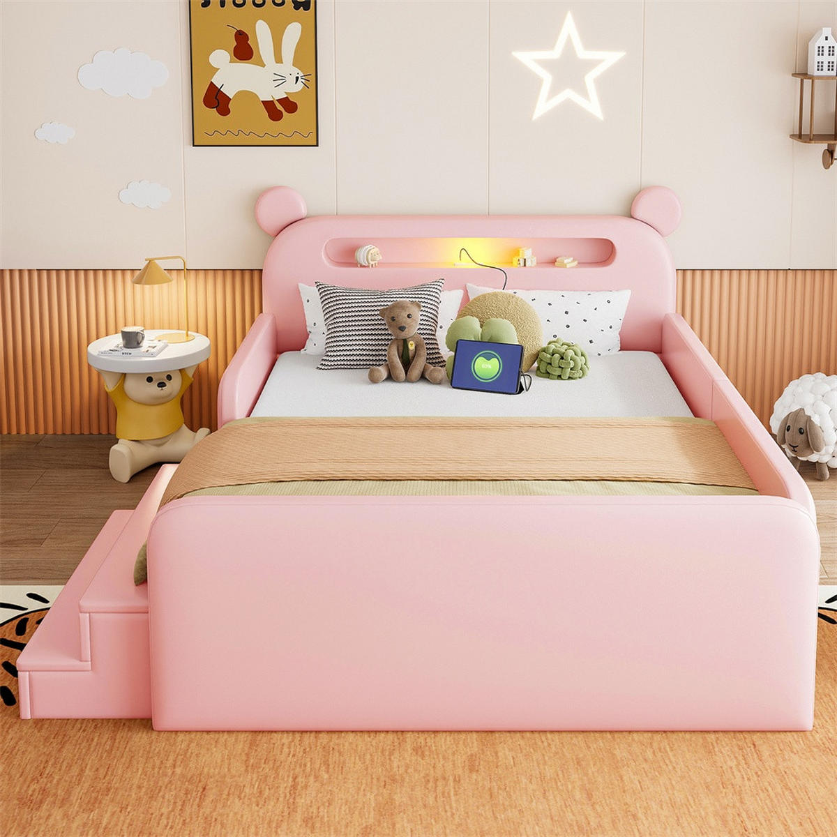 POLSTERBETT 140x200 cm mit Bären-Kopfteil - Nachtlicht & USB - mit Stauraum - Rosa - ohne Matratze - Pink, Textil (140/200cm) - DELFA