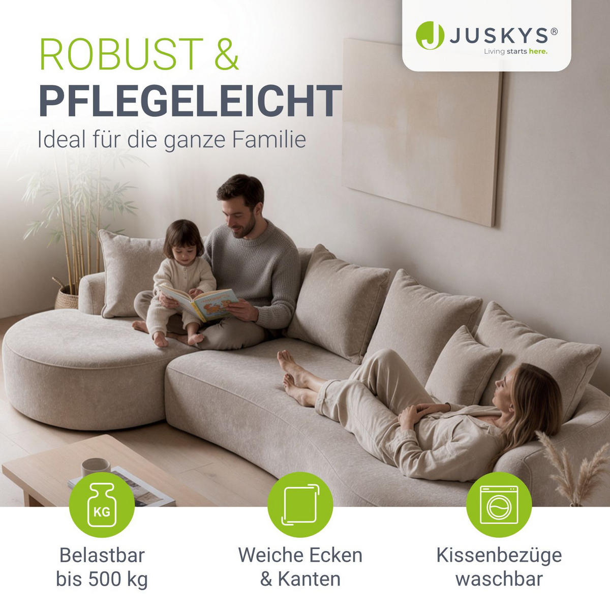 SOFA Tirano Samt Beige mit Ottomane links - Beige, Textil (102/300cm) - Juskys