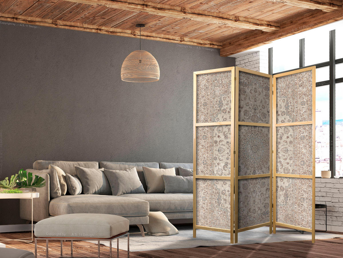 PARAVENT Japanischer 3-tlg 135x172 cm Retro Mandala - Braun, Holz/Textil (135/172/3cm) - Muralo