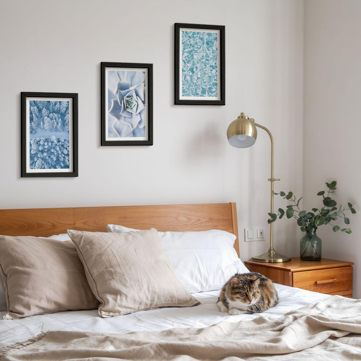 BILDER SET 3er Set - 20x30 cm Schwarzer Rahmen - Winterwald blaue Blume Wasser - Schwarz, Kunststoff (20/30cm) - TULUP