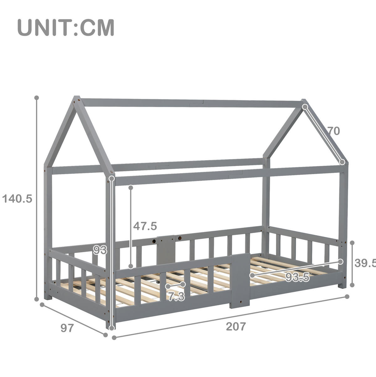 KINDEREINZELBETTEN aus Massivholz 90x200 cm in Grau mit Tafel - Grau, Holz (90/200cm) - Modfu