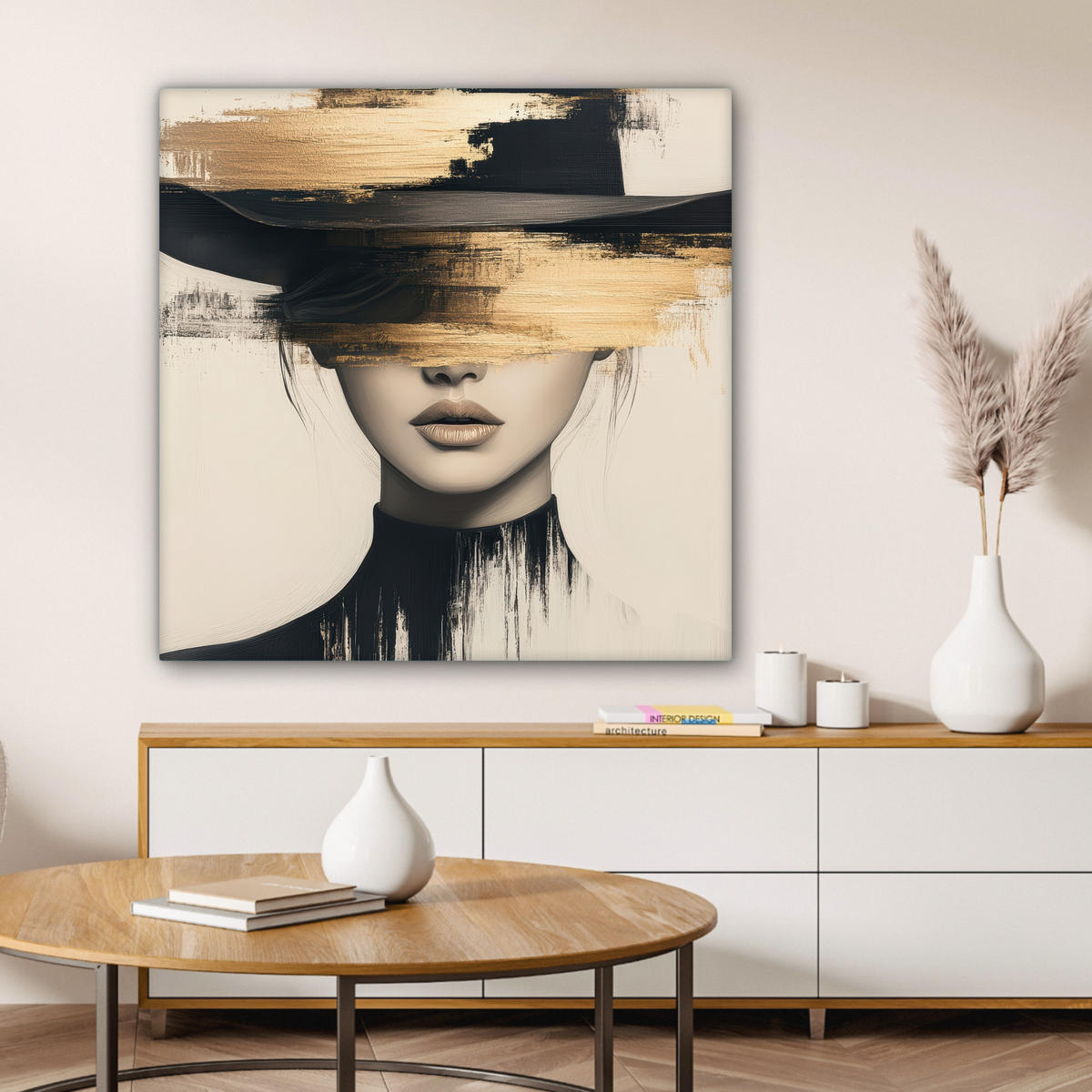 LEINWANDBILD Frau - Hut - Farbe Deko Groß 90x90 cm - Goldfarben, Textil (90/90cm) - MuchoWow