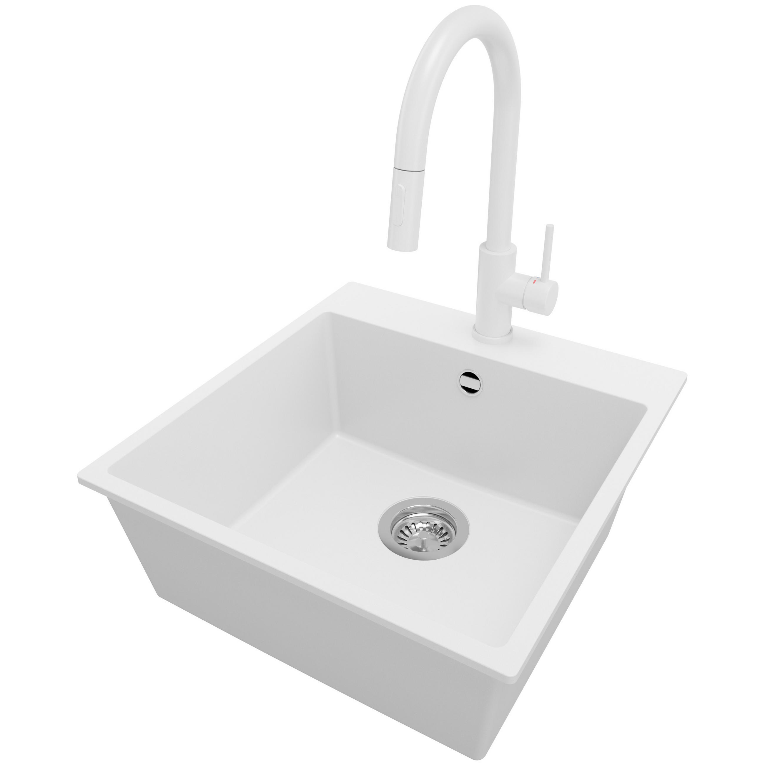 GRANITSPÜLE Riga, 2-er set Weiß 48/50 cm 1 Becken + Küchenarmatur 40/20 cm + Ablauf-Set ab 50er Unterschrank - Chromfarben/Weiß, Kunststoff (48/20/50cm) - Primagran