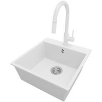 GRANITSPÜLE Riga, 2-er set Weiß 48/50 cm 1 Becken + Küchenarmatur 40/20 cm + Ablauf-Set ab 50er Unterschrank - Chromfarben/Weiß, Kunststoff (48/20/50cm) - Primagran