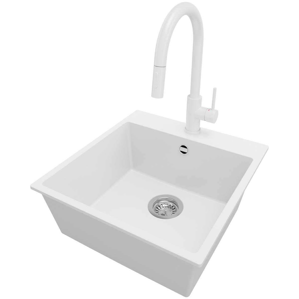 GRANITSPÜLE Riga, 2-er set Weiß 48/50 cm 1 Becken + Küchenarmatur 40/20 cm + Ablauf-Set ab 50er Unterschrank - Chromfarben/Weiß, Kunststoff (48/20/50cm) - Primagran