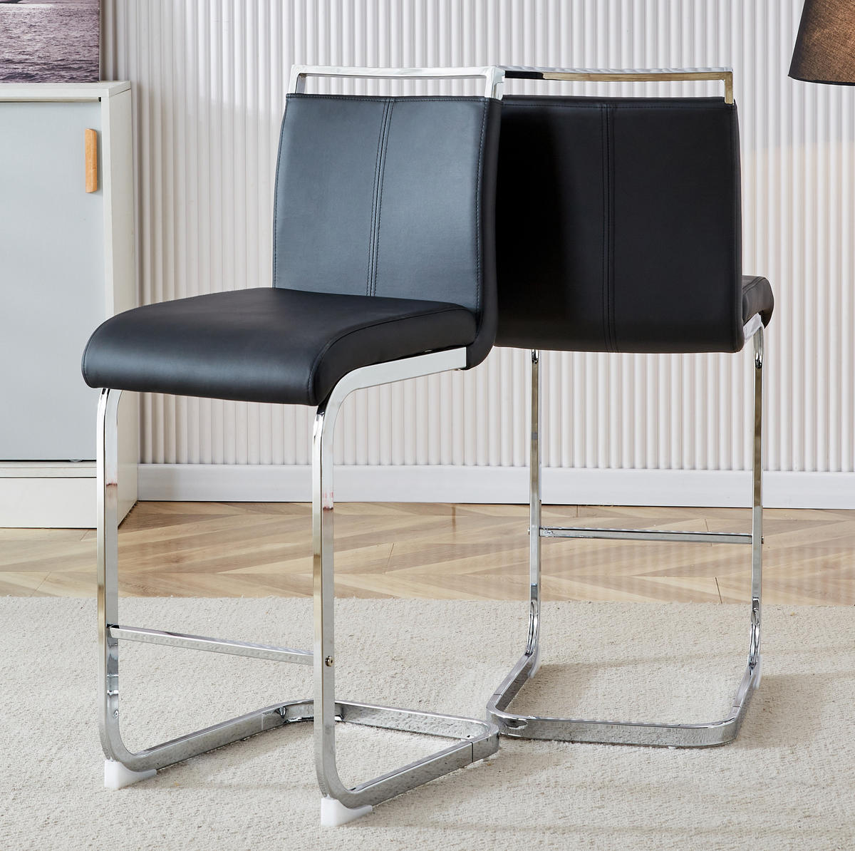 BARHOCKER 2er-Set mit Fußstütze 96,5 cm PU-Leder Schwarz/Silber - Schwarz, Metall (46.5/96.5/38.9cm) - Meubliv