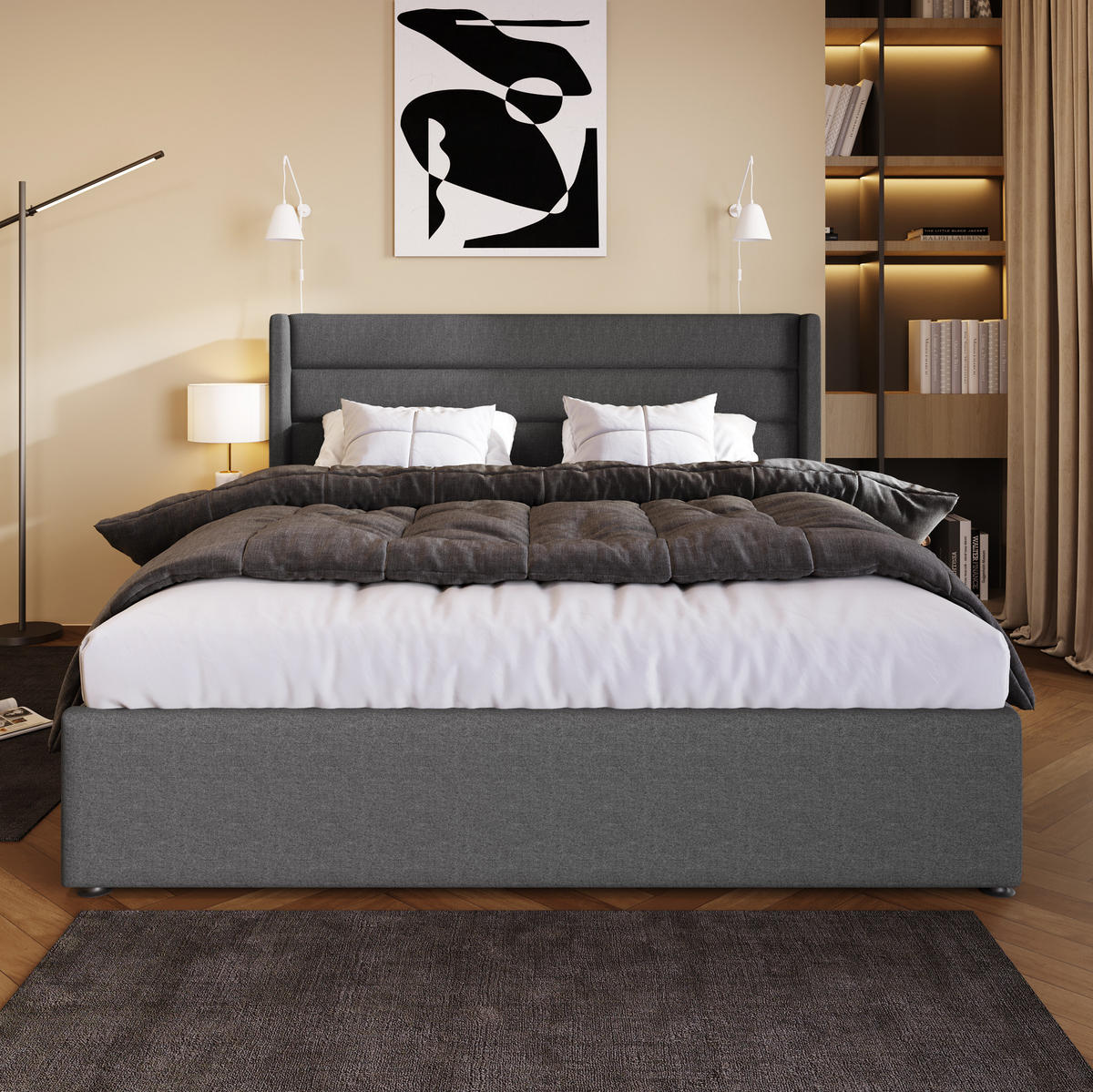 BETT mit Bettkasten 160x200 cm Leinen Grey inkl. Matratze - Grau, Metall (160/200cm) - Meubliv