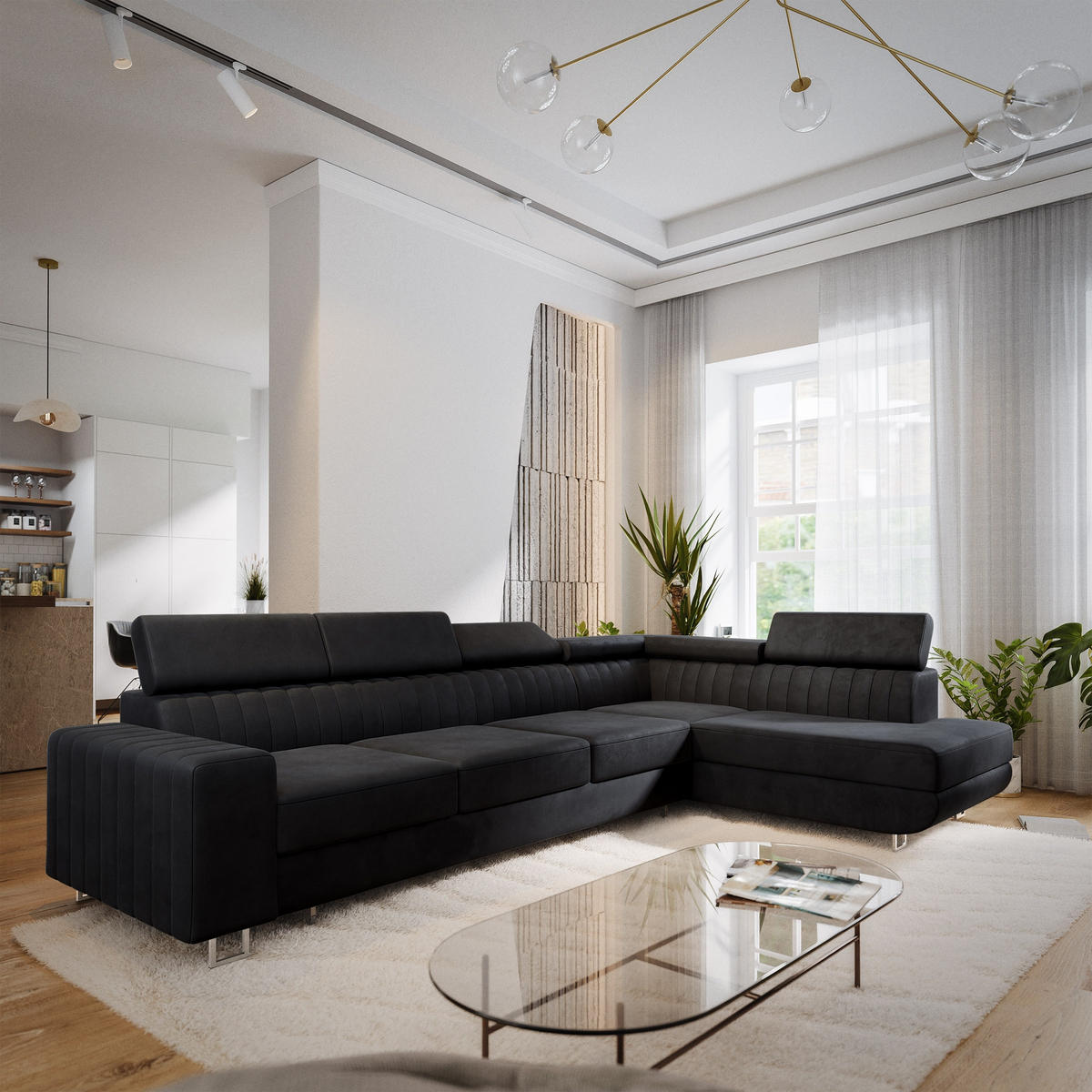 ECKSOFA HESTION Schwarz Velours-Stoff mit Schlaffunktion - Schwarz, Holz (332/190cm) - MASSENO