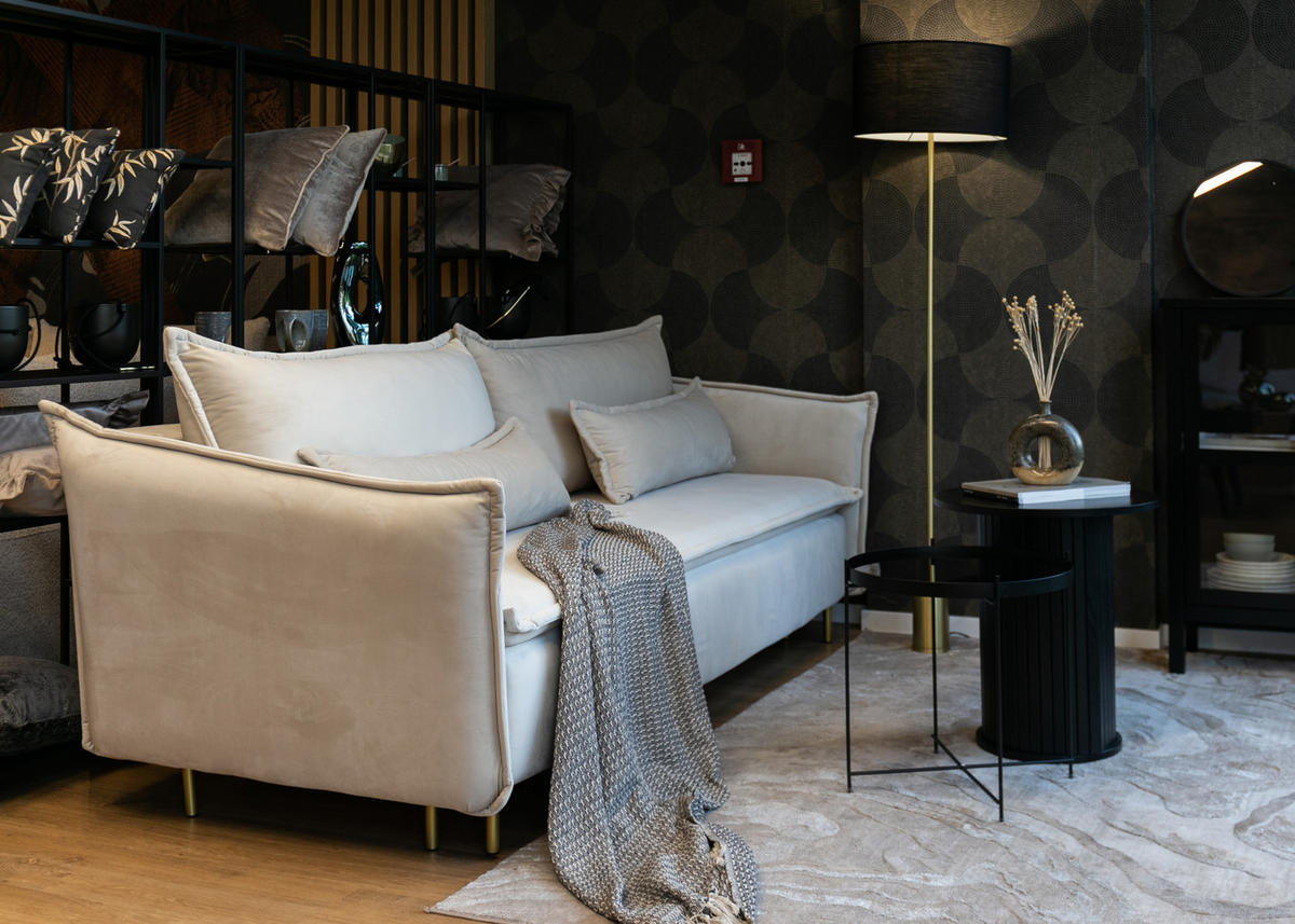 SCHLAFSOFA Ummo Graubeige Velours - Greige/Goldfarben, Textil/Metall (230/88/90cm) - Selsey