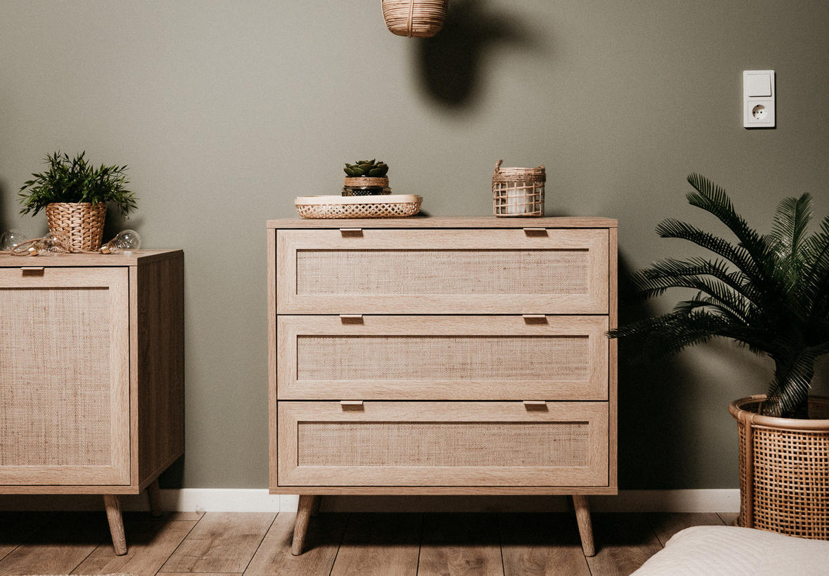 SCHUBLADENKOMMODE Eiche Sonoma, Bast-Dekor 80 cm, Kommode skandinavisch - Eichefarben, Holz/Holzwerkstoff (80/80/40cm) - Furn.Design