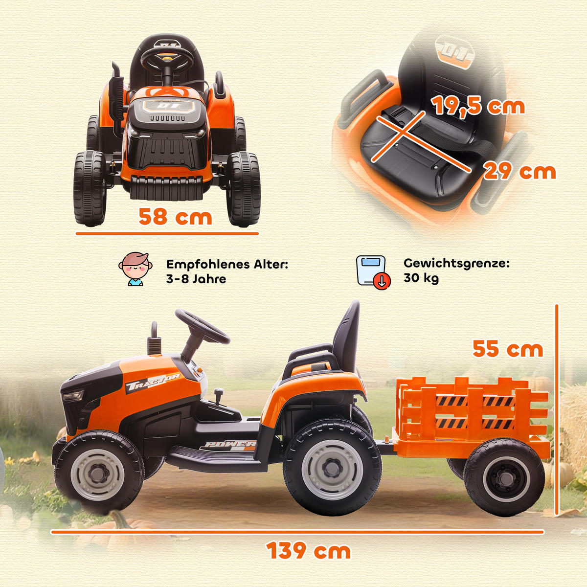 KINDER-ELEKTROAUTO 3-Gang mit Anhänger, 2 Motor, für 3-8 Jahre, Orange - Orange, Metall (139/58/55cm) - AIYAPLAY