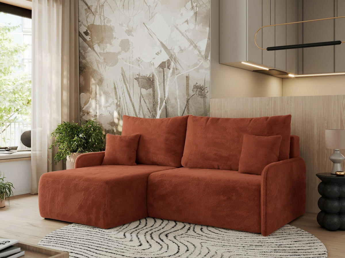 ECKSCHLAFSOFA ARPA L Orange Plüsch - links - Schwarz/Orange, Kunststoff/Textil (198/150cm) - MKS