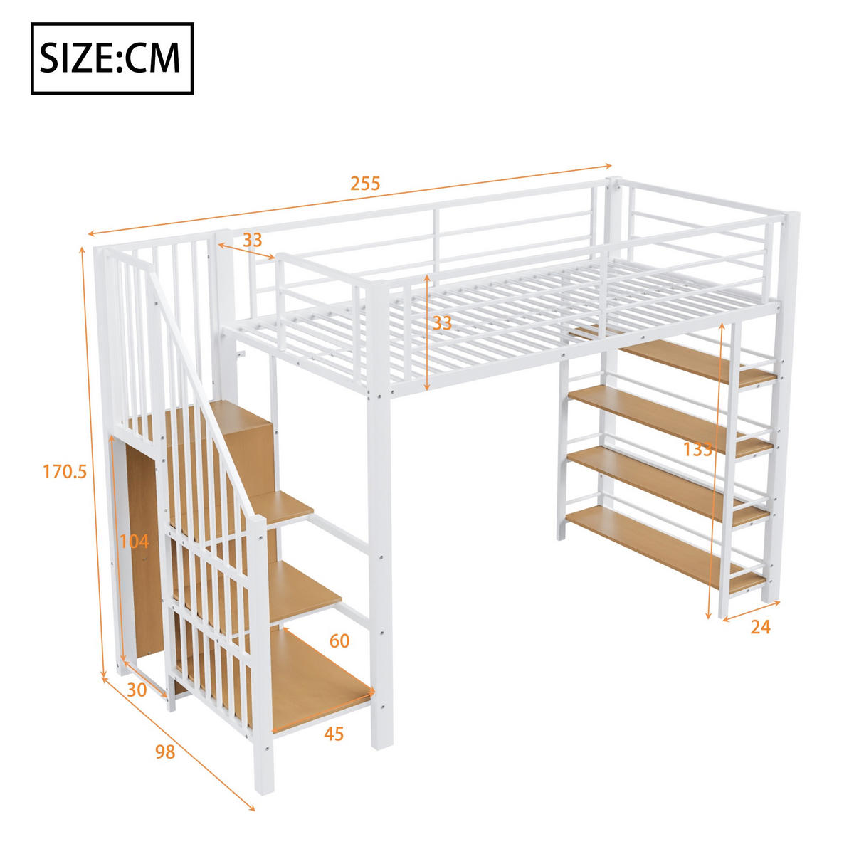 HOCHBETT 90x200 Stauraum Kleiderschrank Treppe Einlegeböden Weiß - Weiß, Metall - FLIEKS