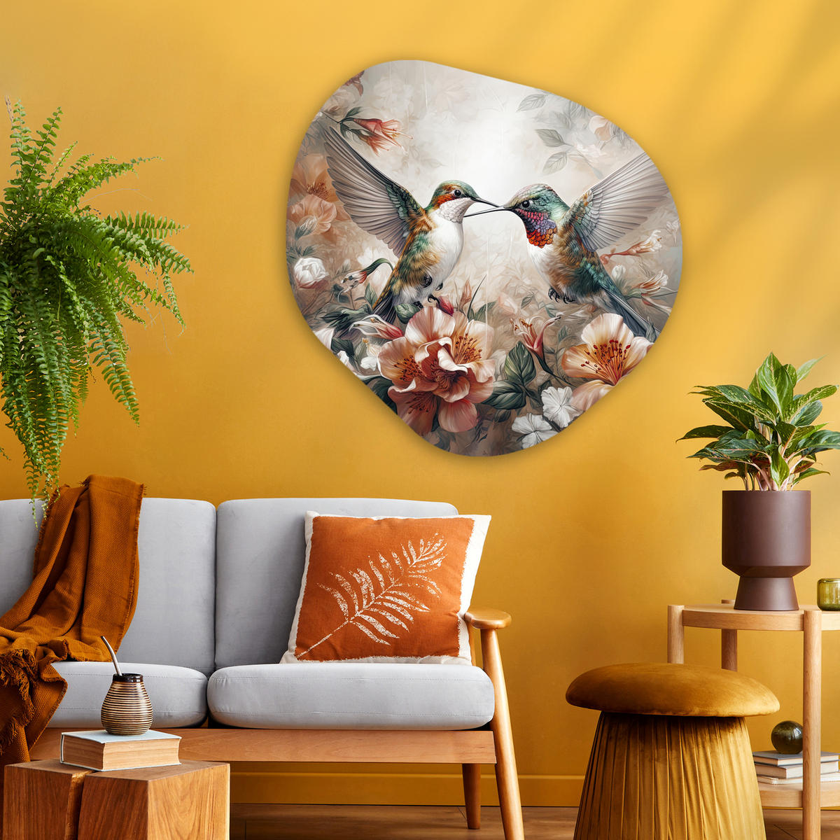 WANDBILD Kolibri - Vögel - Blumen - Natur 90x90 cm - Altrosa, Kunststoff (90/90cm) - MuchoWow